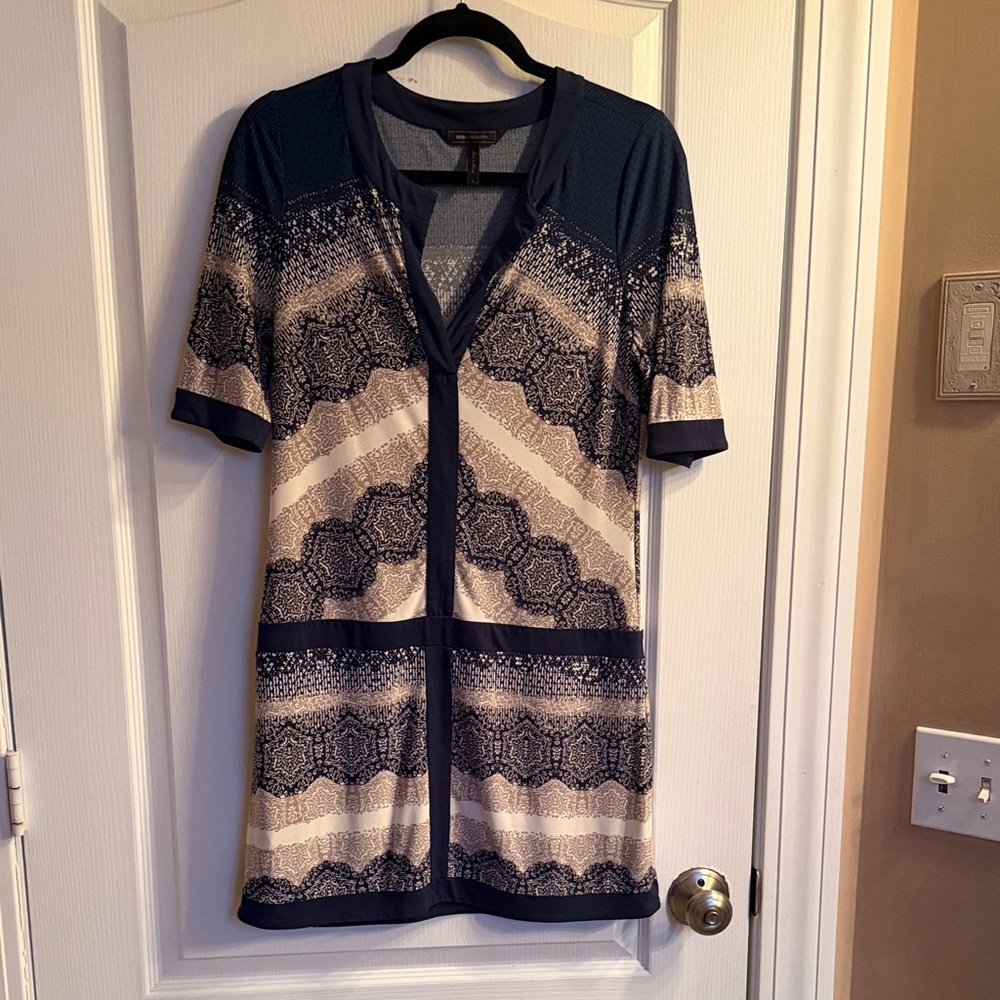 BCBGMaxAzria DALY Navy and Cream Patterned Dress